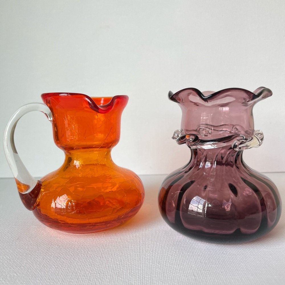 Vintage Hand Blown Orange Crackle and Amethyst Glass Mini Pitcher/Vase
